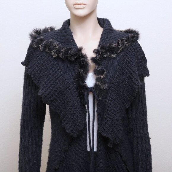 Cecice Faux Fur Tie Open Drape Cardigan Blue Women Size L - Picture 8 of 10